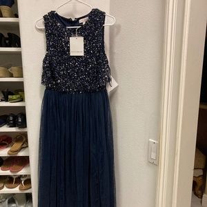Maya Deluxe Navy Sequin Sleeveless Midaxi Tulle Dress NWT Size 6